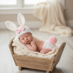 Conjunto Fantasia Coelhinha com laço em Crochê Ideal para Fotografia Newborn 0-1 mês