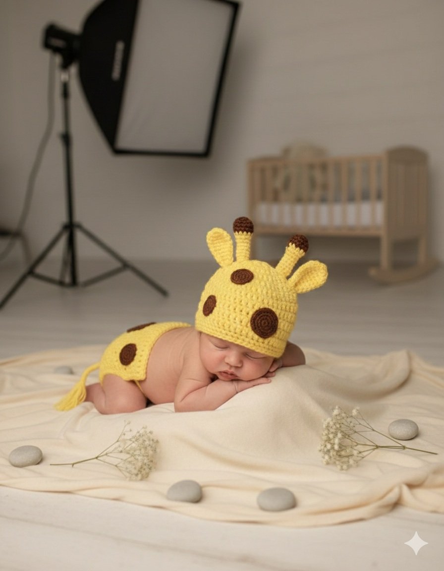 Conjunto Fantasia Girafa em Crochê, Ideal Fotografia Newborn 0-3meses