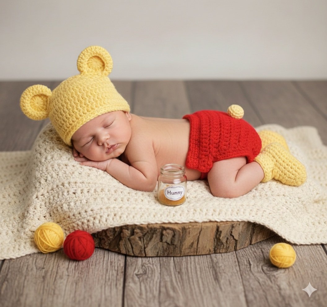 Conjunto Fantasia Winnie Pooh em Crochê, Ideal Fotografia Newborn 0-3meses